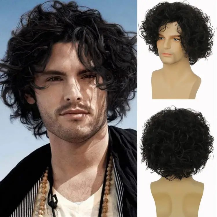 Top Quality Men Short Brown Curly Layered Wig Fluffy with Bang Human Hair Pieces Mens Replacement System
