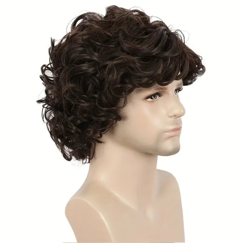 Top Quality Men Short Brown Curly Layered Wig Fluffy with Bang Human Hair Pieces Mens Replacement System