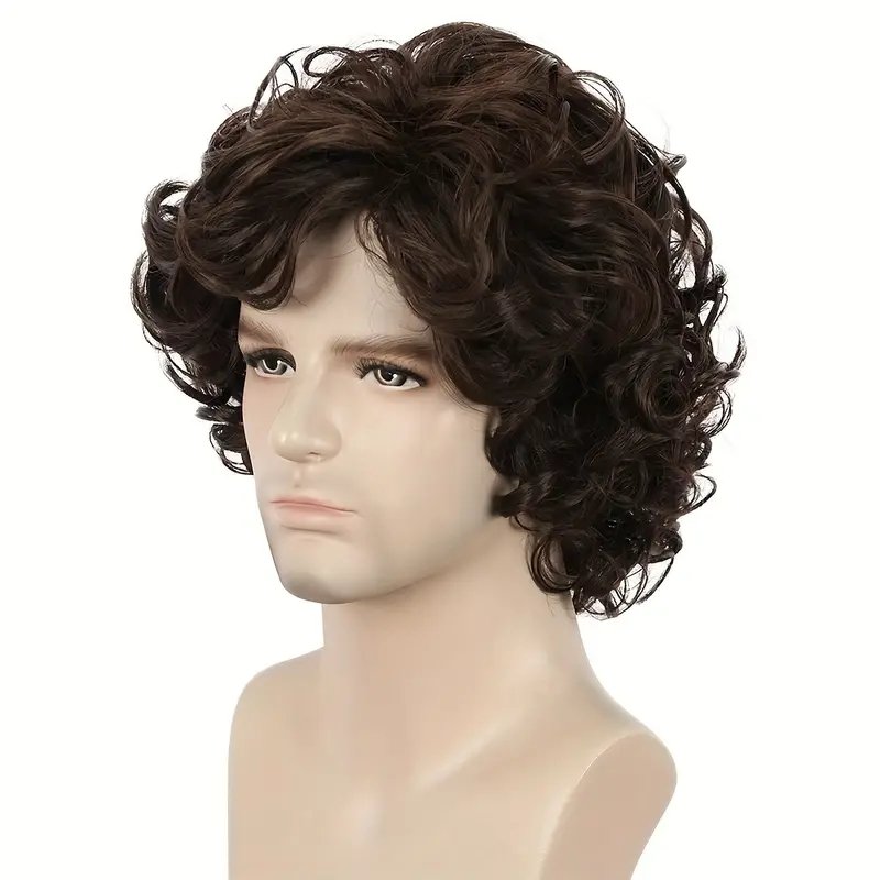 Top Quality Men Short Brown Curly Layered Wig Fluffy with Bang Human Hair Pieces Mens Replacement System
