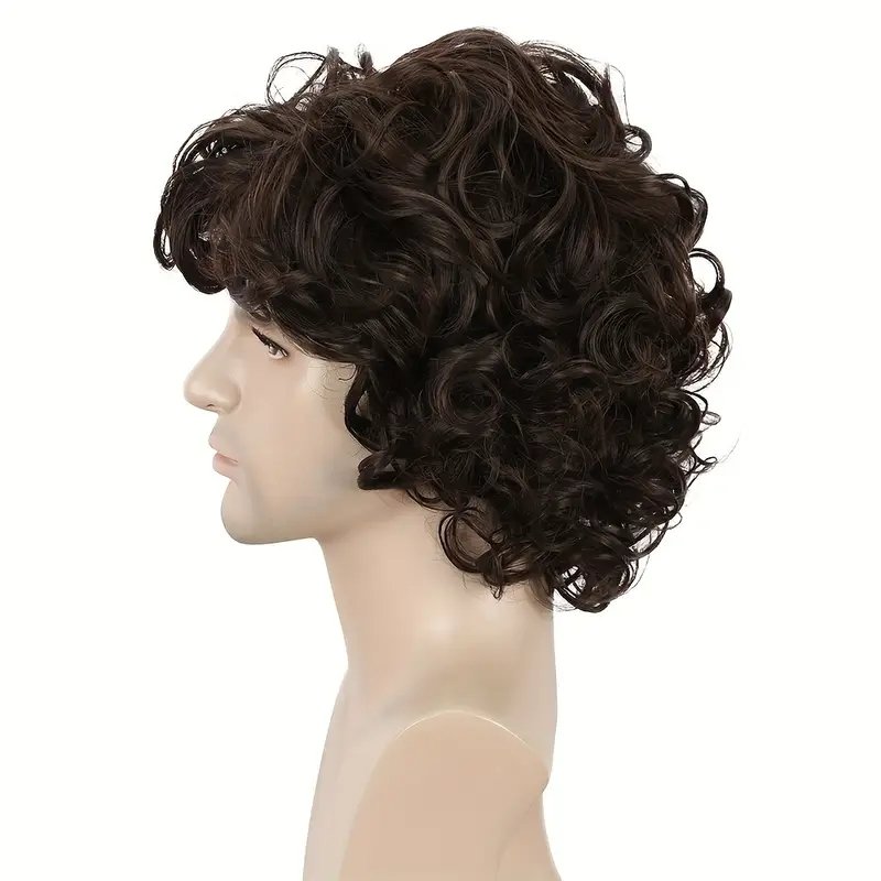 Top Quality Men Short Brown Curly Layered Wig Fluffy with Bang Human Hair Pieces Mens Replacement System