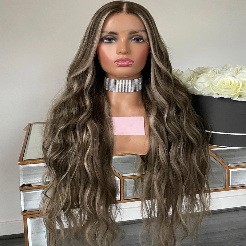 Popular Colored Human Hair Wigs Ash Brown Highlight Natural Wave Russian Virgin Remy Hair Lace Front Wigs Thick Bottom
