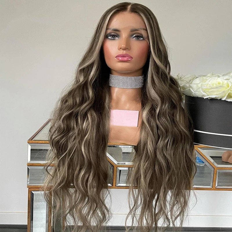 Popular Colored Human Hair Wigs Ash Brown Highlight Natural Wave Russian Virgin Remy Hair Lace Front Wigs Thick Bottom