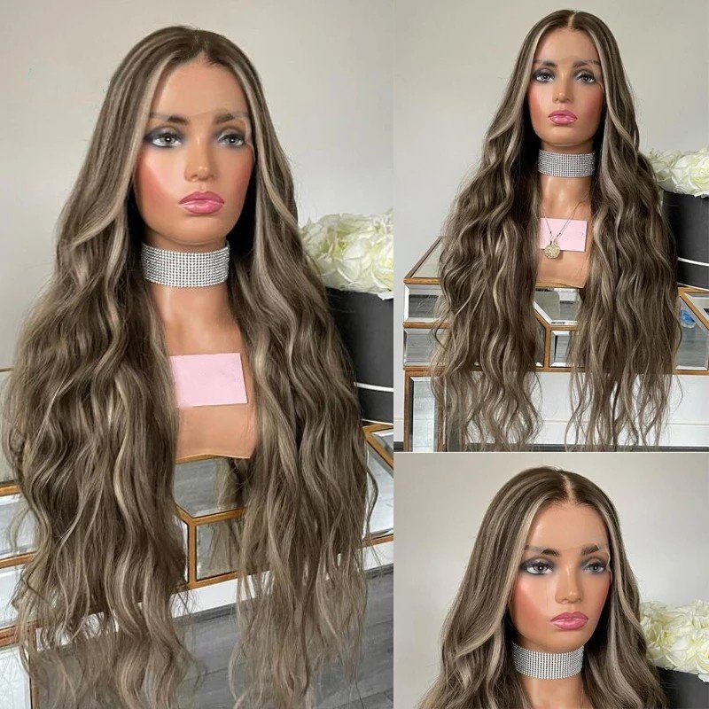 Popular Colored Human Hair Wigs Ash Brown Highlight Natural Wave Russian Virgin Remy Hair Lace Front Wigs Thick Bottom