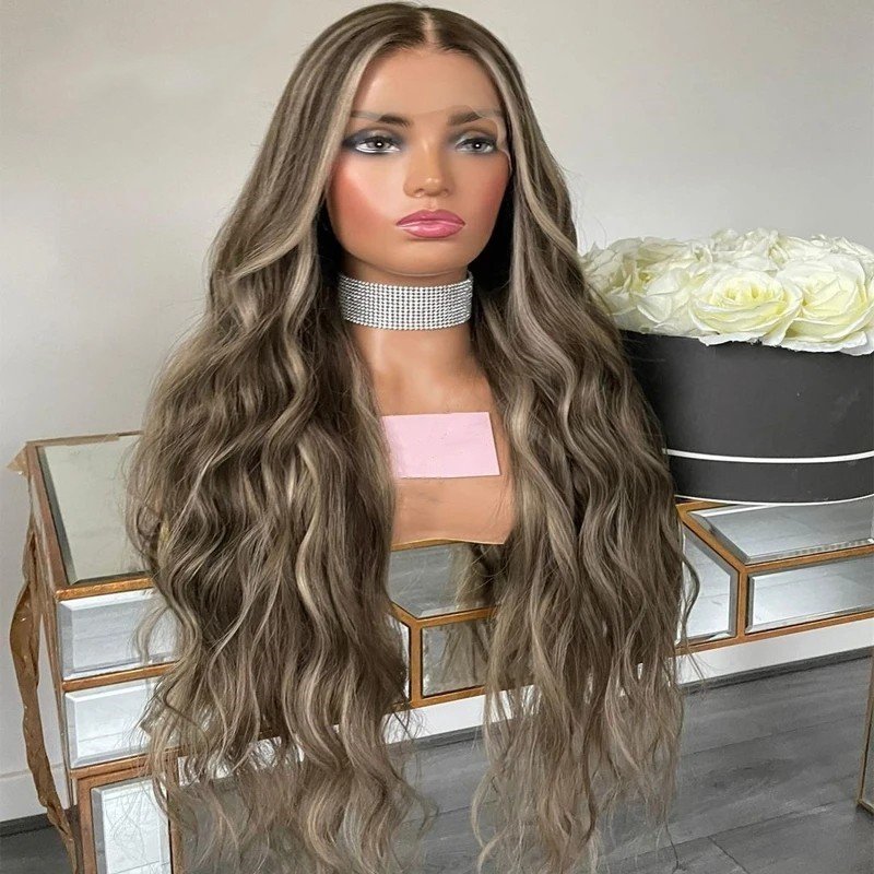 Popular Colored Human Hair Wigs Ash Brown Highlight Natural Wave Russian Virgin Remy Hair Lace Front Wigs Thick Bottom