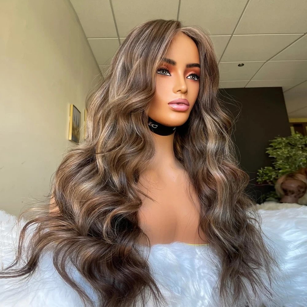 Popular Colored Human Hair Wigs Ash Brown Highlight Natural Wave Russian Virgin Remy Hair Lace Front Wigs Thick Bottom