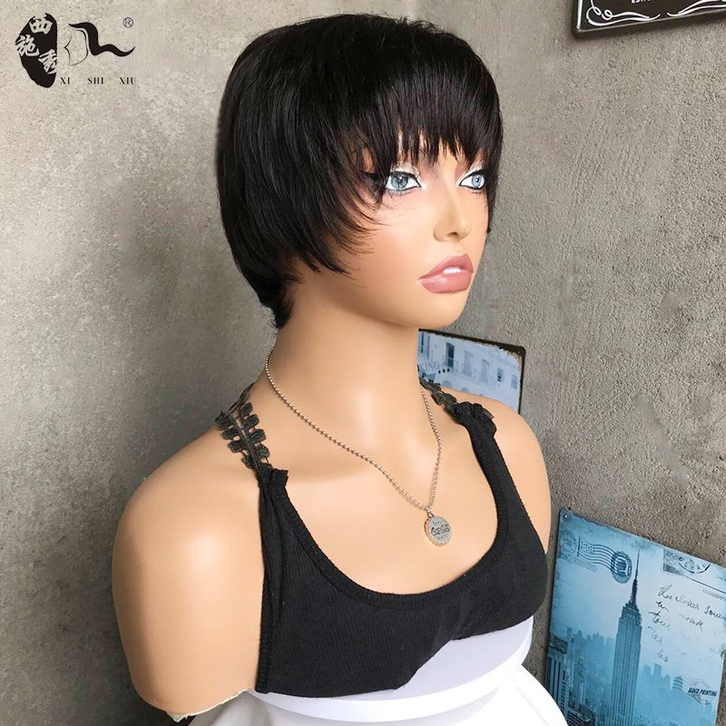Short Pixie Cut Human Hair Wigs Black Color Wholesale Cheap Price Full Machine Straight Wig for Women 100% Remy Wig XISHIXIU