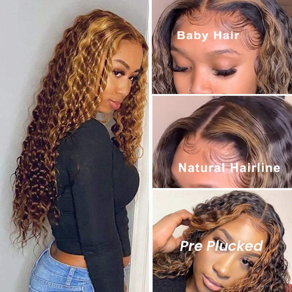 Lace Front Human Hair Wig Ombre Brown to Blonde Highlights Deep Curly Lace Front Wigs for Women Pre Plucked Hairline Vigin Human