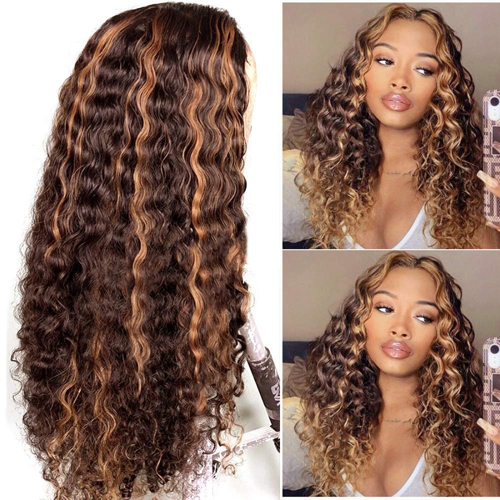 Lace Front Human Hair Wig Ombre Brown to Blonde Highlights Deep Curly Lace Front Wigs for Women Pre Plucked Hairline Vigin Human