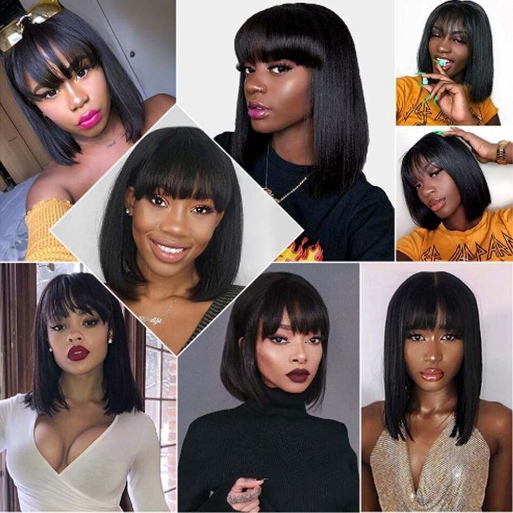 Human Hair Lace Top Straight Bob Wig Brazilian Remy Hair 180% density Natural Scalp Short Bob Bangs Wig For Black Women