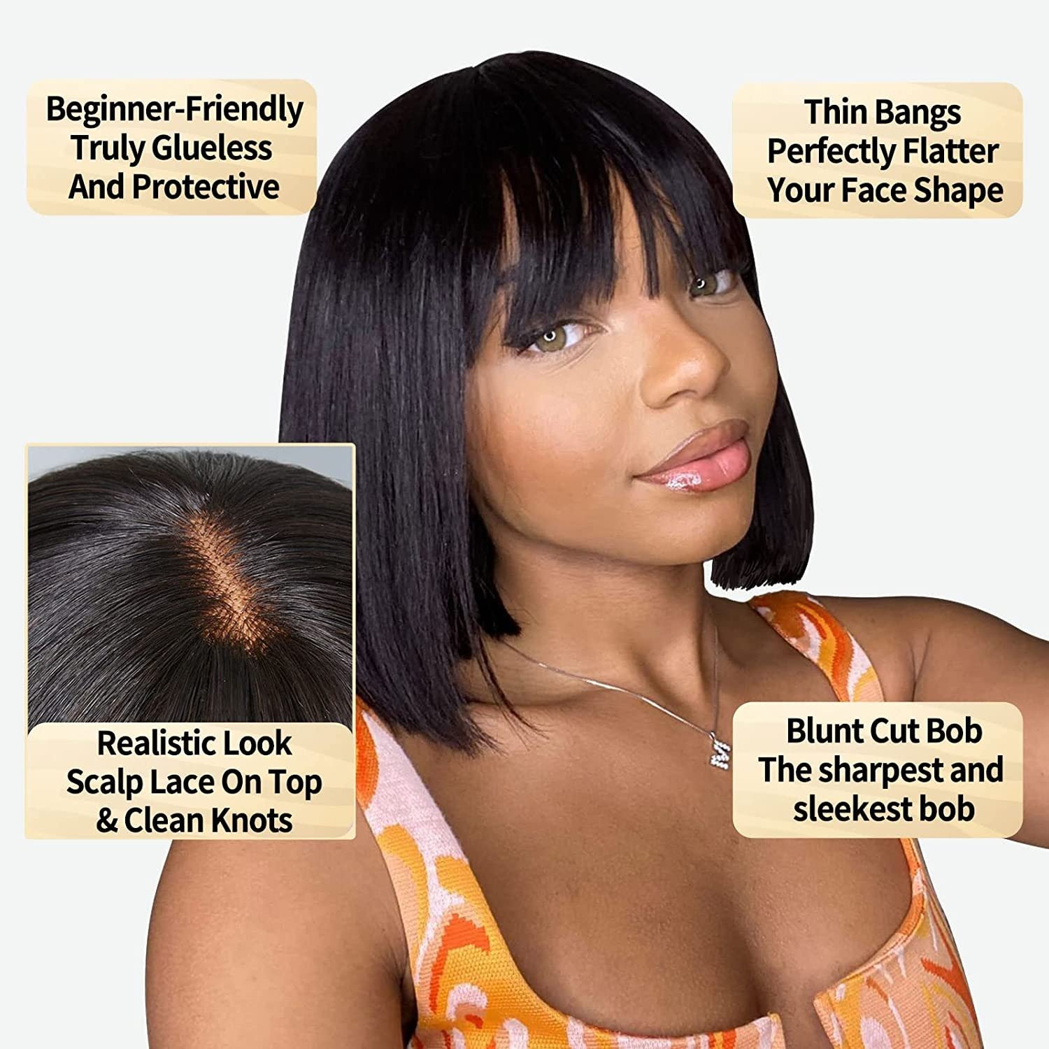 Human Hair Lace Top Straight Bob Wig Brazilian Remy Hair 180% density Natural Scalp Short Bob Bangs Wig For Black Women