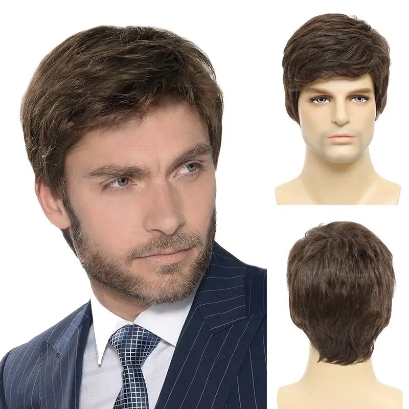 Wholesale 8 inch New Design Handsome Men Wigs Natural Curly Wig Toupee Synthetic Black Hair Wig For Men
