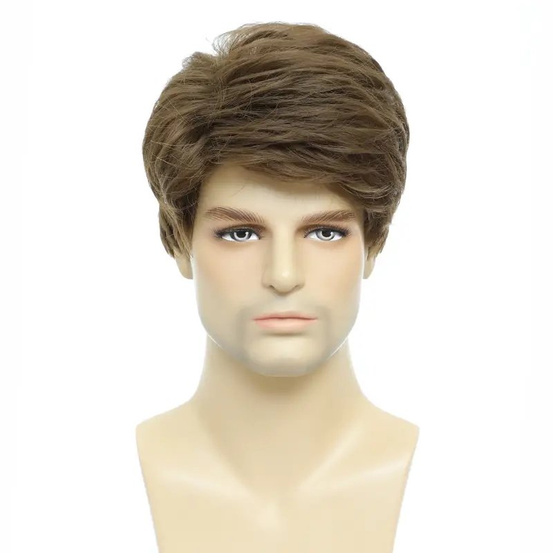 Wholesale 8 inch New Design Handsome Men Wigs Natural Curly Wig Toupee Synthetic Black Hair Wig For Men