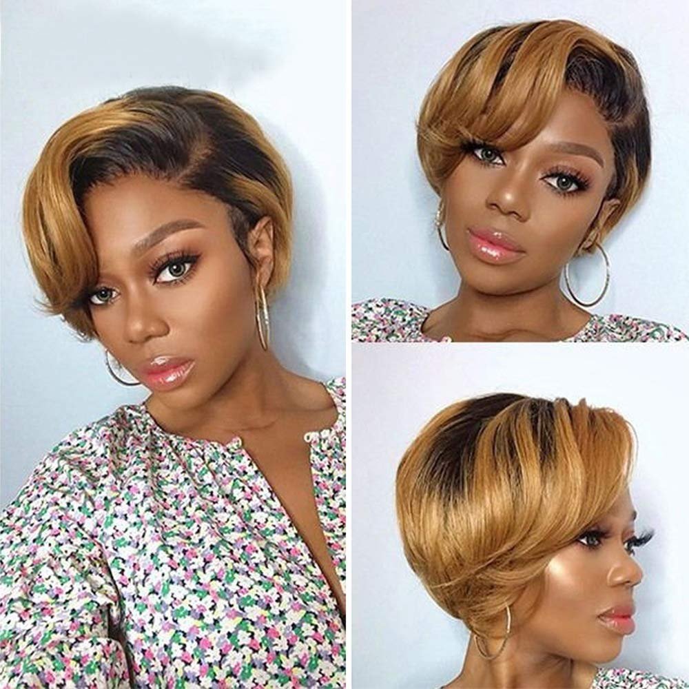 Letsfly Pixie Cut Wig Human Hair Ombre Cheap Short Bob Straight Wig For Black Women 13x4 Lace Frontal Brazilian Remy Wig