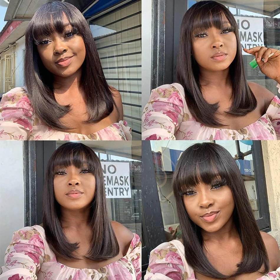 Wholesale Short Bob Wigs No Lace Raw Cambodian Hair Machine Made Straight Human Hair Wig For Black Women Cheap Bob Wig With Bang