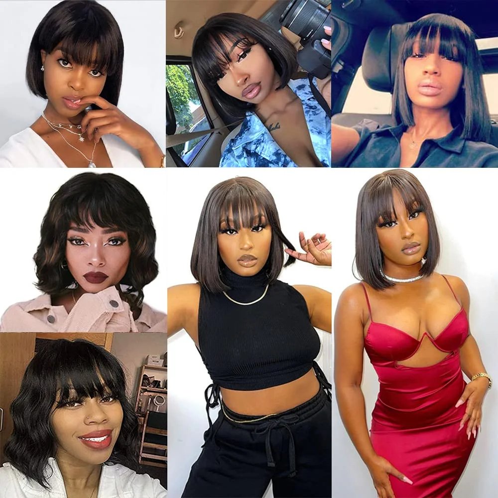 Wholesale Short Bob Wigs No Lace Raw Cambodian Hair Machine Made Straight Human Hair Wig For Black Women Cheap Bob Wig With Bang