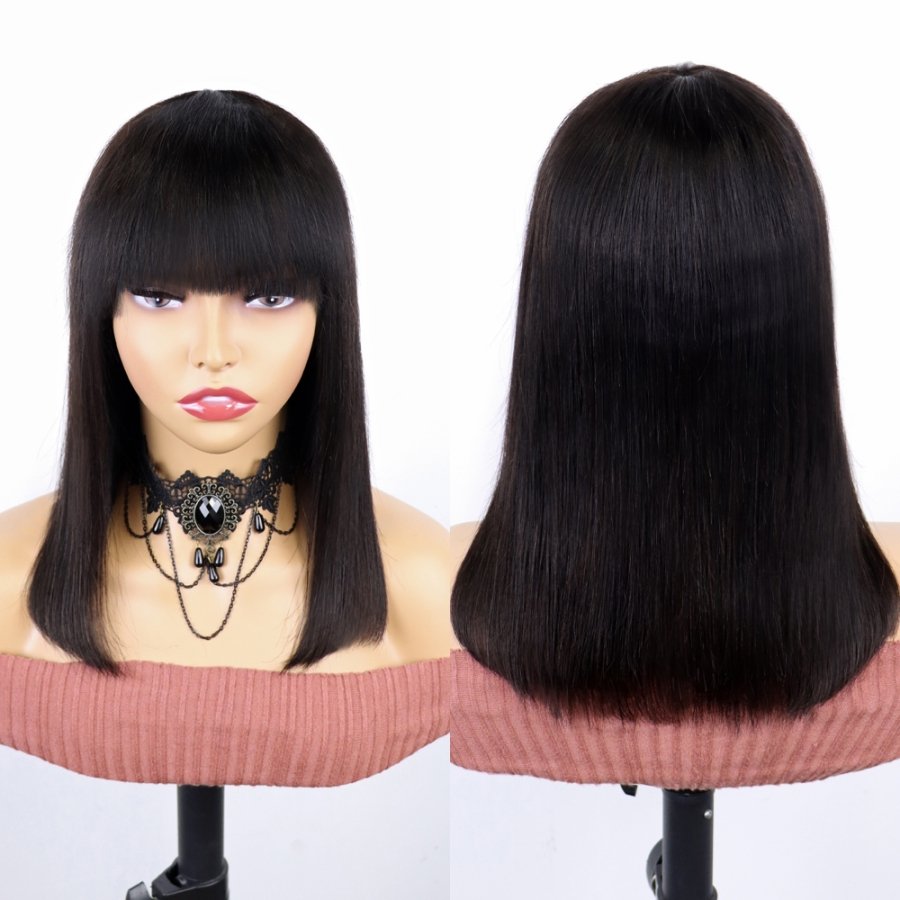Wholesale Short Bob Wigs No Lace Raw Cambodian Hair Machine Made Straight Human Hair Wig For Black Women Cheap Bob Wig With Bang