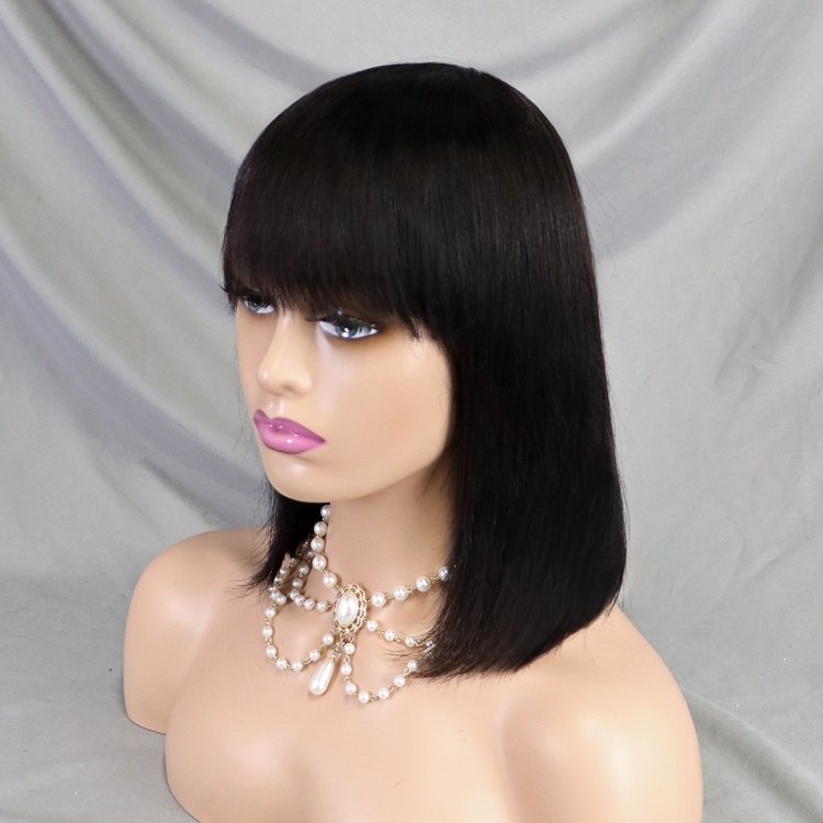 Wholesale Short Bob Wigs No Lace Raw Cambodian Hair Machine Made Straight Human Hair Wig For Black Women Cheap Bob Wig With Bang