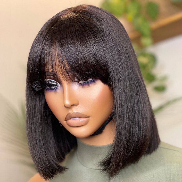 Fringe Bob Wigs 100% Human Hair Wig for Black Women 10Inch Short Wig with Bangs