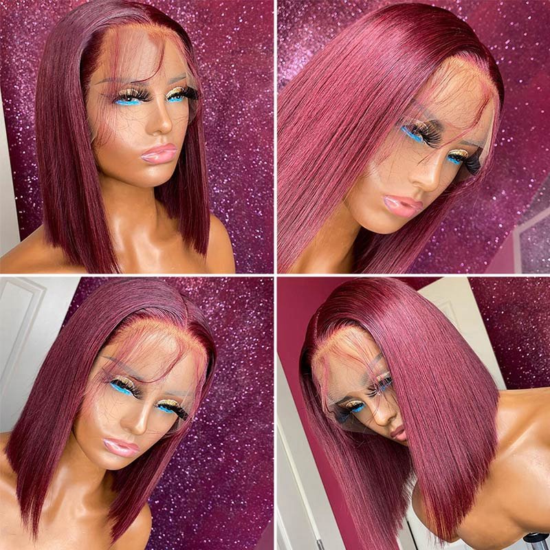 99J Red Straight Burgundy HD Transparent Short Bob Human Hair Wigs Peruvian Blunt Cut Bob Lace Front Wig For Women Pre Plucked
