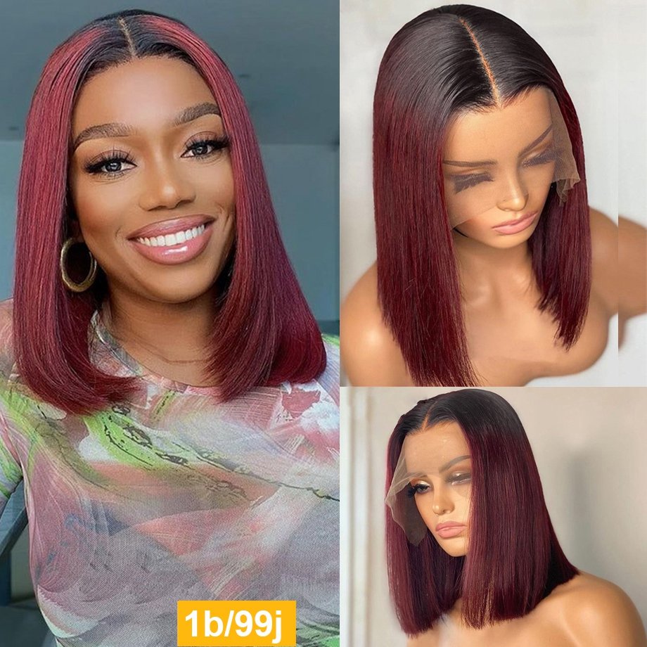 99J Red Straight Burgundy HD Transparent Short Bob Human Hair Wigs Peruvian Blunt Cut Bob Lace Front Wig For Women Pre Plucked