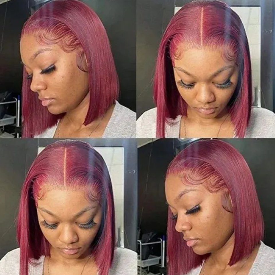 99J Red Straight Burgundy HD Transparent Short Bob Human Hair Wigs Peruvian Blunt Cut Bob Lace Front Wig For Women Pre Plucked
