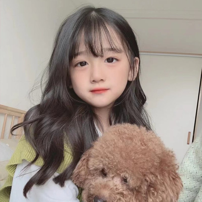 Adjustable Soft Children Human Hair Wigs 20inches French Curl Cold Brown Synthetic Daily Wigs with Air Bangs For Baby Girls