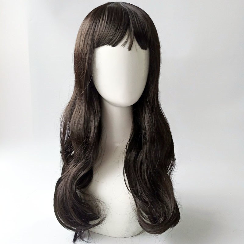 Adjustable Soft Children Human Hair Wigs 20inches French Curl Cold Brown Synthetic Daily Wigs with Air Bangs For Baby Girls