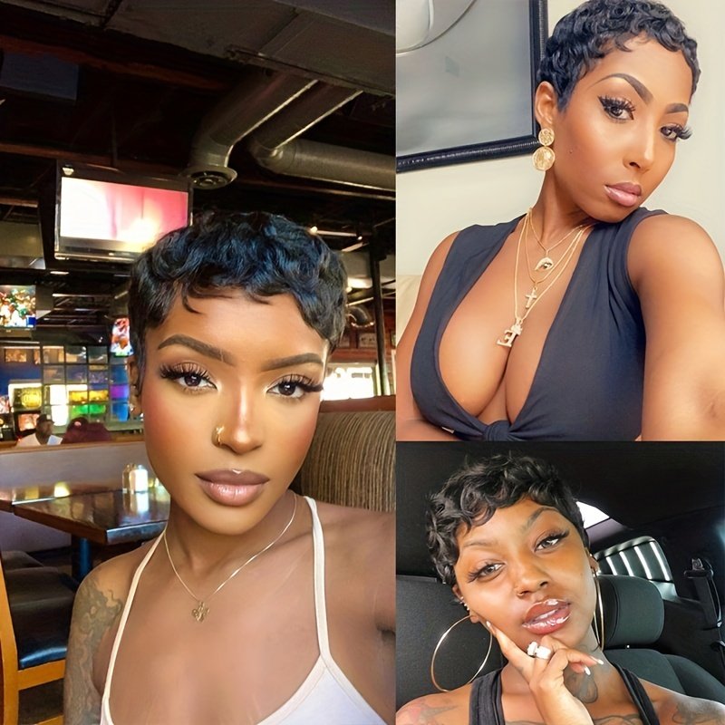 Short Wavy Layered Human Hair Wigs Short Colored Human Hair Wigs Full Machine Made 6 Inch Loose Curly Pixie Cut Wigs For Women