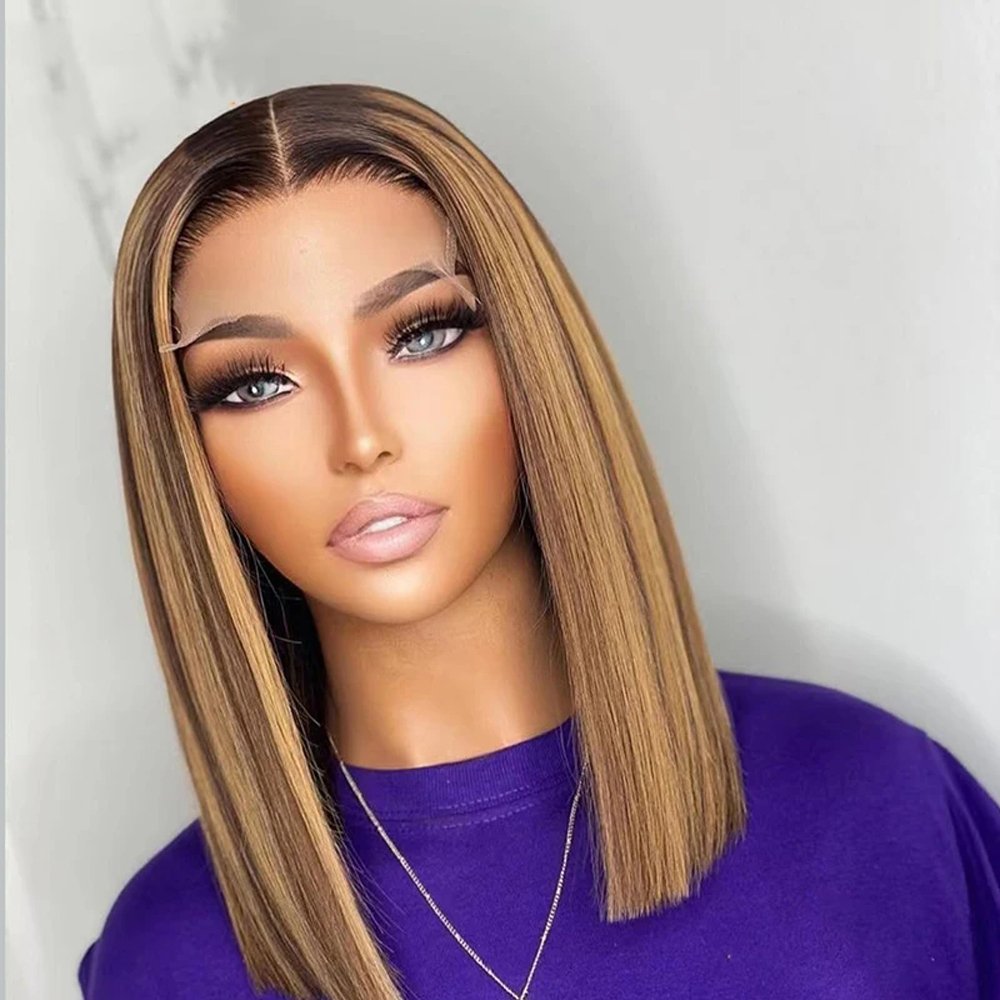 Transparent 4X4 Lace Closure Wigs for Women Highlight #4/27 Short Bob Wigs Middle Part Straight Human Hair Wigs 10-16" 180%