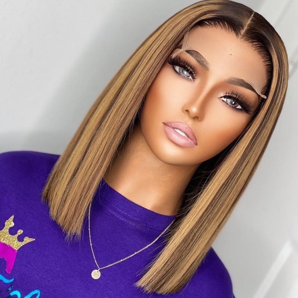 Transparent 4X4 Lace Closure Wigs for Women Highlight #4/27 Short Bob Wigs Middle Part Straight Human Hair Wigs 10-16" 180%