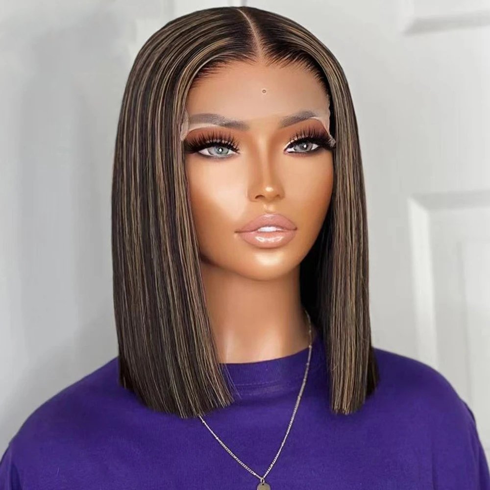 Transparent 4X4 Lace Closure Wigs for Women Highlight #4/27 Short Bob Wigs Middle Part Straight Human Hair Wigs 10-16" 180%