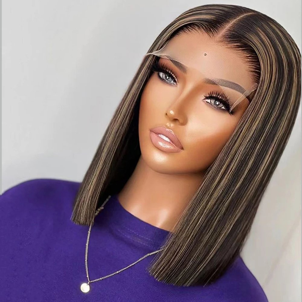 Transparent 4X4 Lace Closure Wigs for Women Highlight #4/27 Short Bob Wigs Middle Part Straight Human Hair Wigs 10-16" 180%