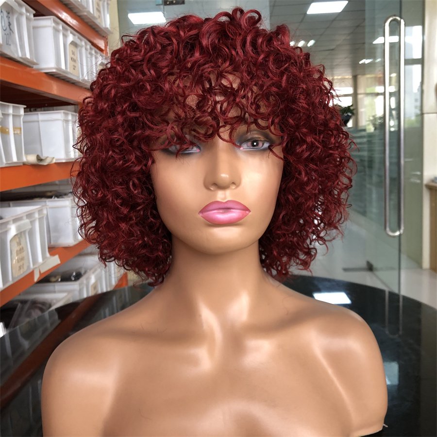 No Lace Pixie Cut Curly Human Hair Wigs With Bangs Full Machine Made Glueless Short Curly Wigs Human Hair For Black Women
