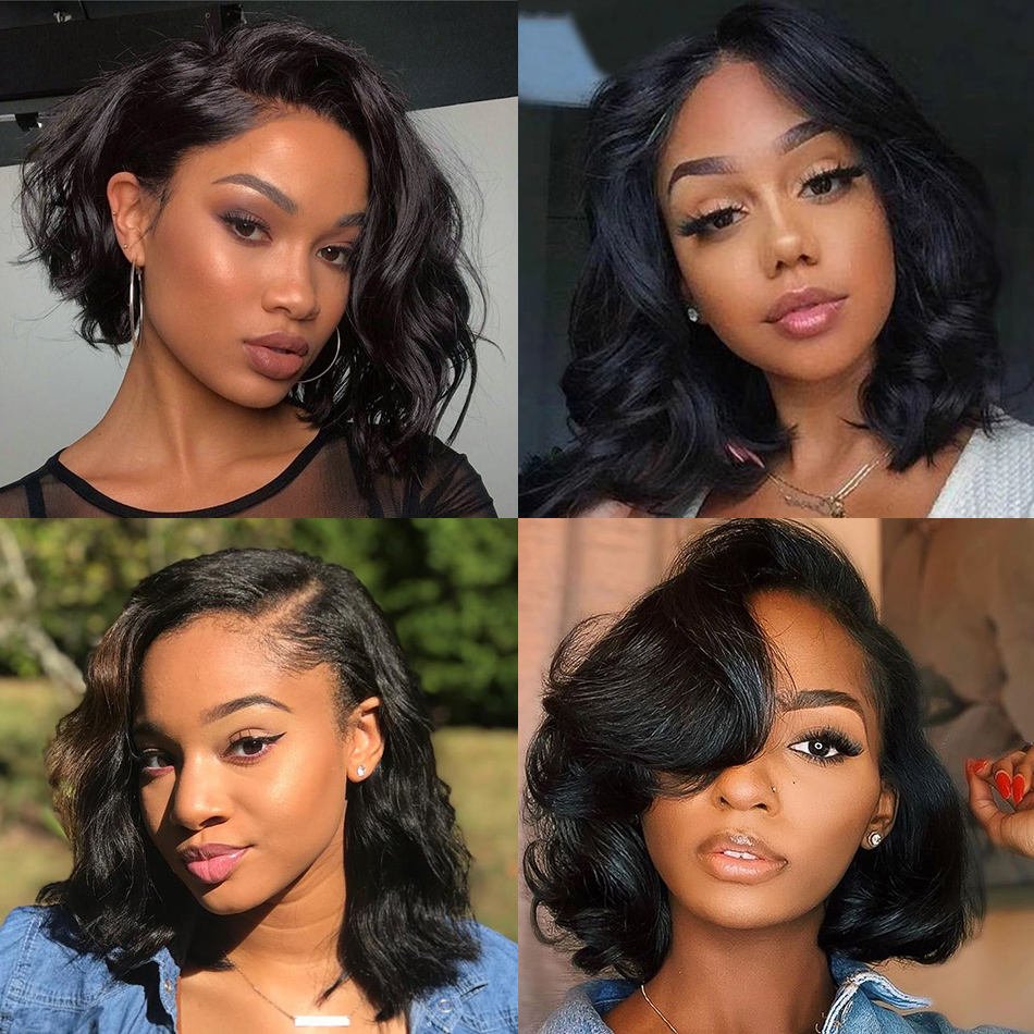 Brazilian Body Wave Short Bob Wigs Loose Bouncy Curly Human Hair Wig Wavy Side Part Bob Wigs for Women
