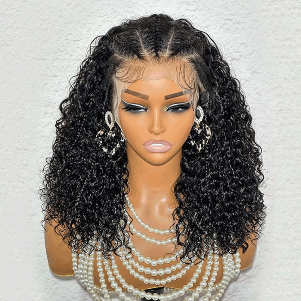 13X4 Lace Front Deep Curl Locs Braided Wig Strip Box Braid Short Knotless Human Hair Wigs for Women