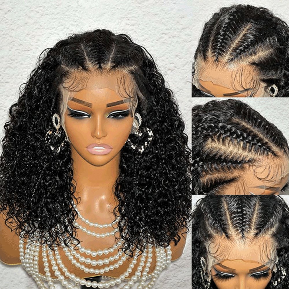 13X4 Lace Front Deep Curl Locs Braided Wig Strip Box Braid Short Knotless Human Hair Wigs for Women
