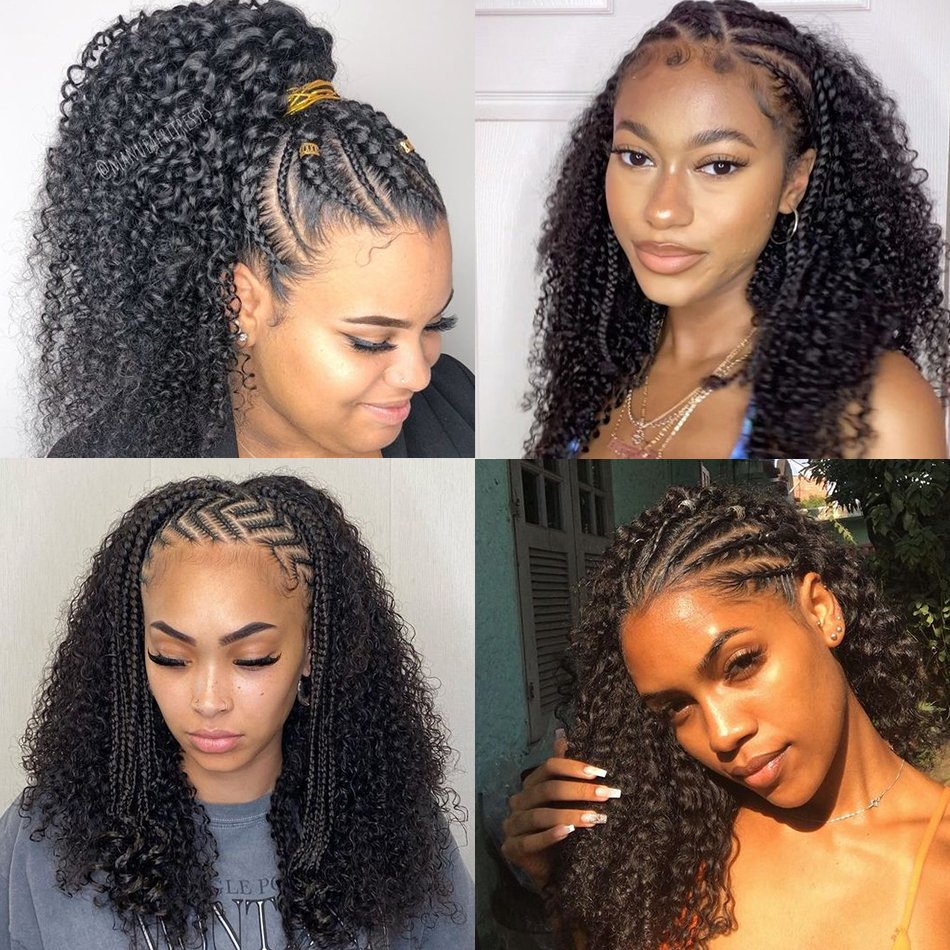 13X4 Lace Front Deep Curl Locs Braided Wig Strip Box Braid Short Knotless Human Hair Wigs for Women