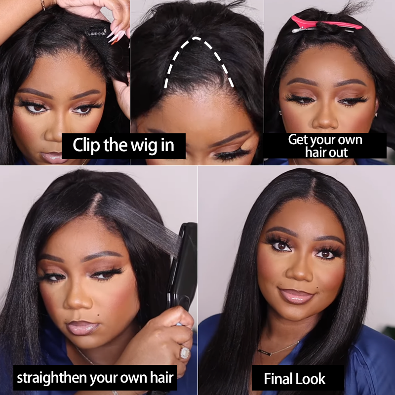 Straight Hair V Part Wig No Leave Out Part Human Hair Lace Wigs for Black Women No Gluless Natural Remy Hair Wig