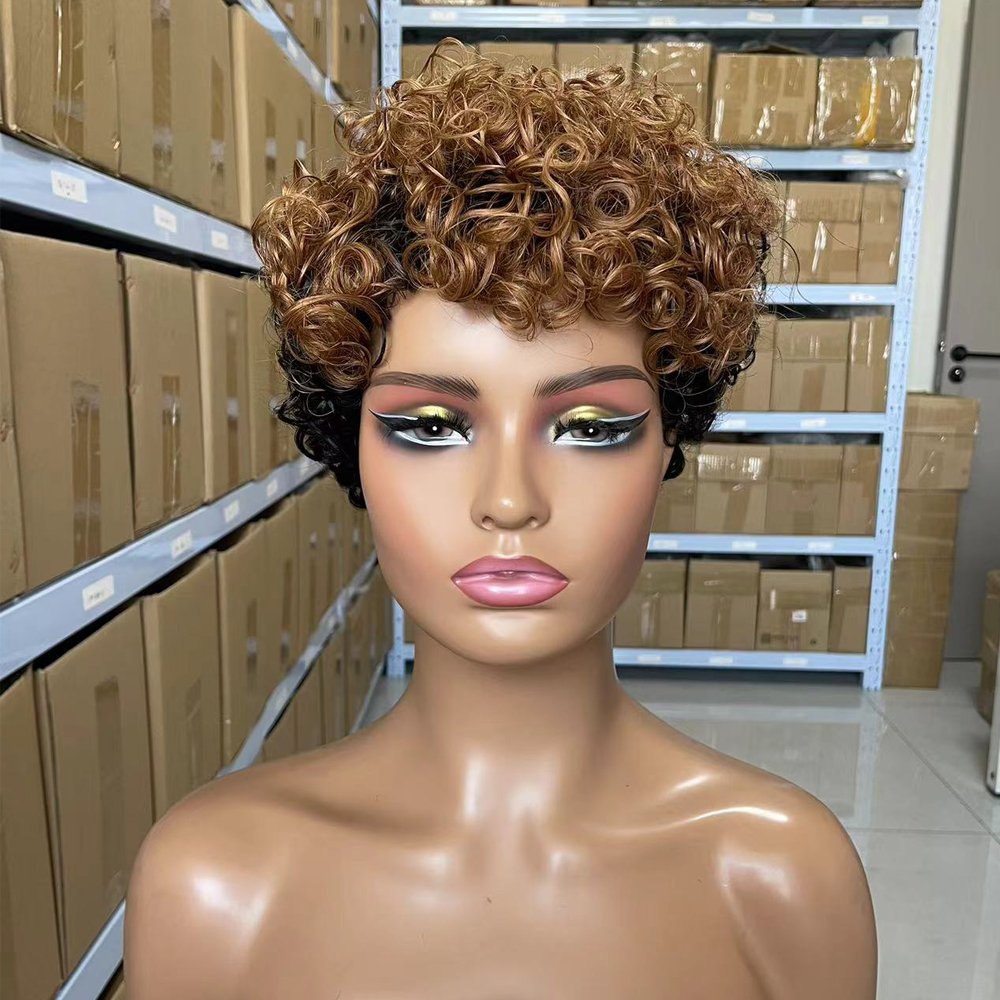 100% Brazilian Human Hair Pixie Cut Wigs Short Kinky Curly Wig Non Lace Machine Made Wigs with Bangs for Women