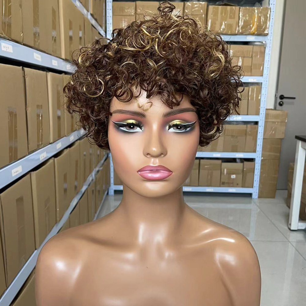100% Brazilian Human Hair Pixie Cut Wigs Short Kinky Curly Wig Non Lace Machine Made Wigs with Bangs for Women
