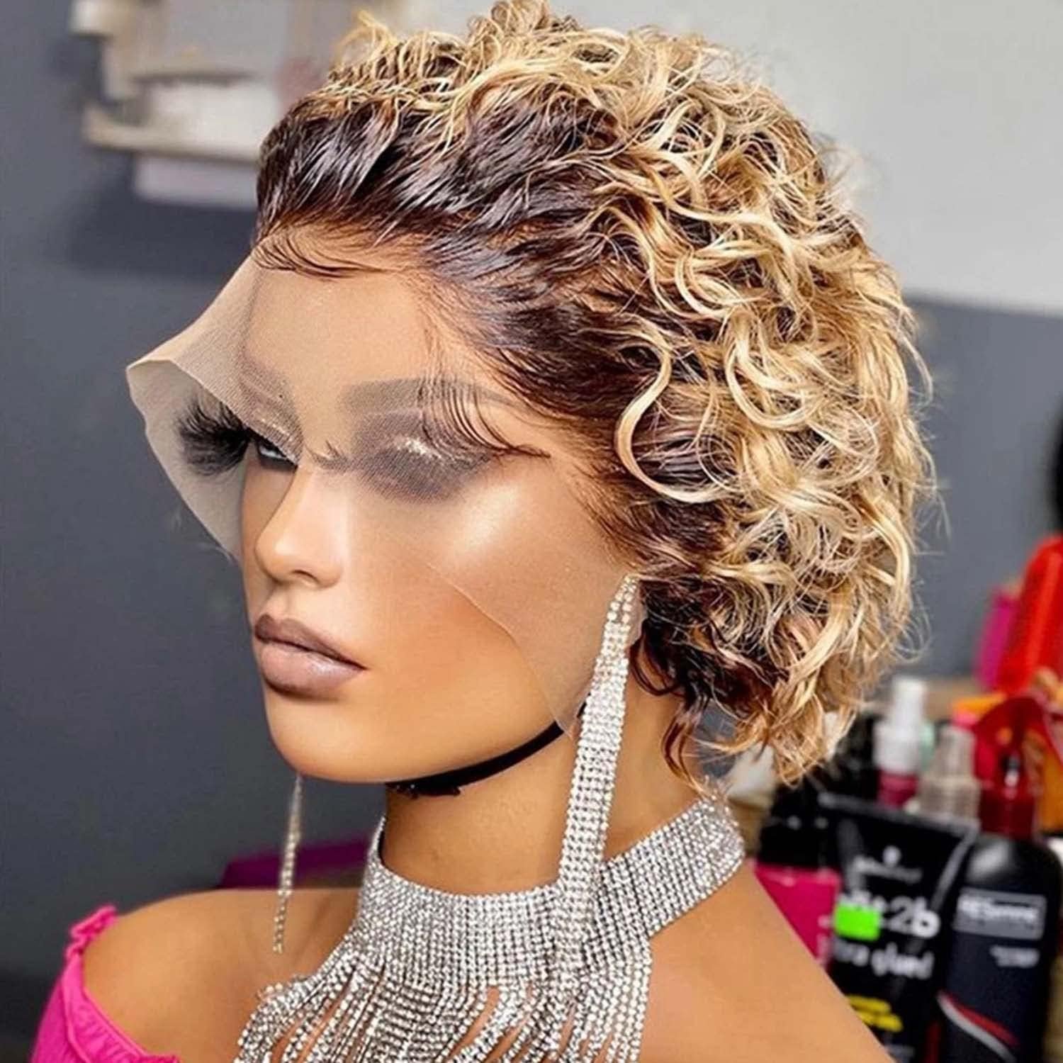 Cheap Highlight Pixie Curly 13x4x1 Lace Frontal Human Hair Wigs Brazilian Virgin Human Hair Wigs For Black Women