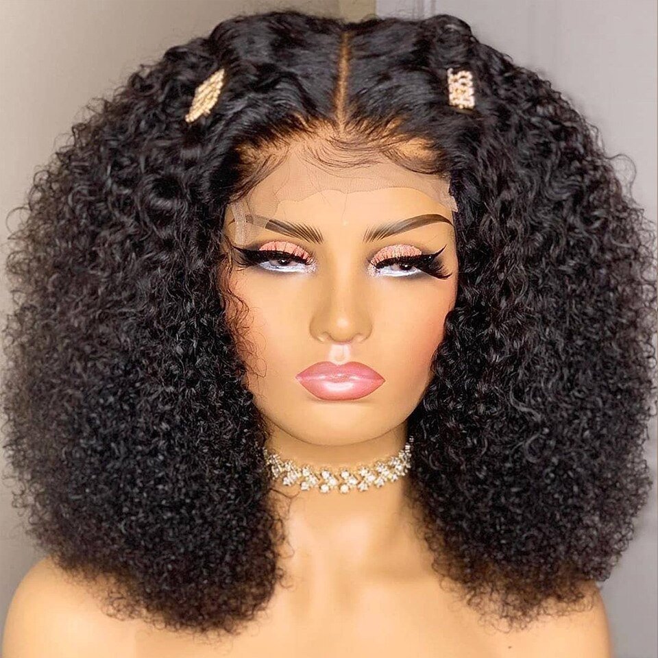 High Density Pre Plucked Afro Kinky Curly Bob Brazilian Virgin Human Hair Wig Natural Cuticle Aligned Hair 4x4 T Part Lace Wig