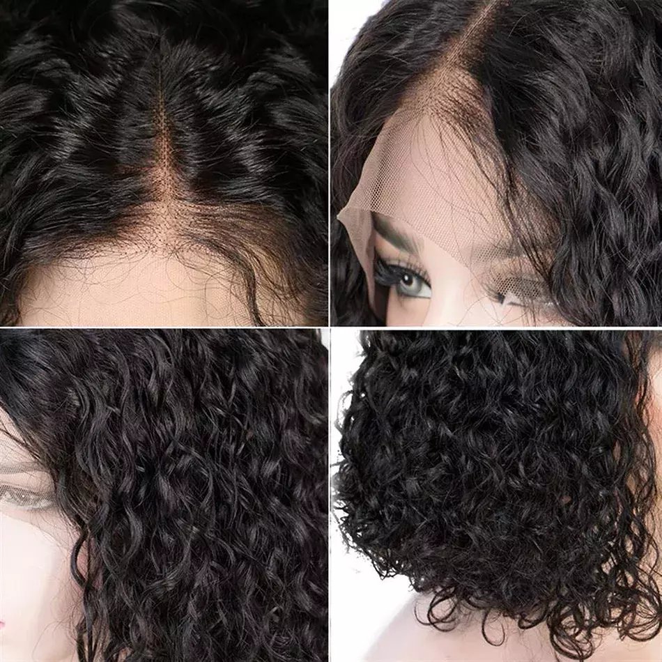 High Density Pre Plucked Afro Kinky Curly Bob Brazilian Virgin Human Hair Wig Natural Cuticle Aligned Hair 4x4 T Part Lace Wig