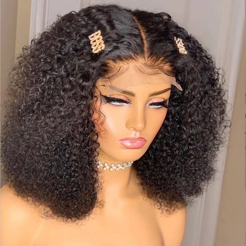 High Density Pre Plucked Afro Kinky Curly Bob Brazilian Virgin Human Hair Wig Natural Cuticle Aligned Hair 4x4 T Part Lace Wig