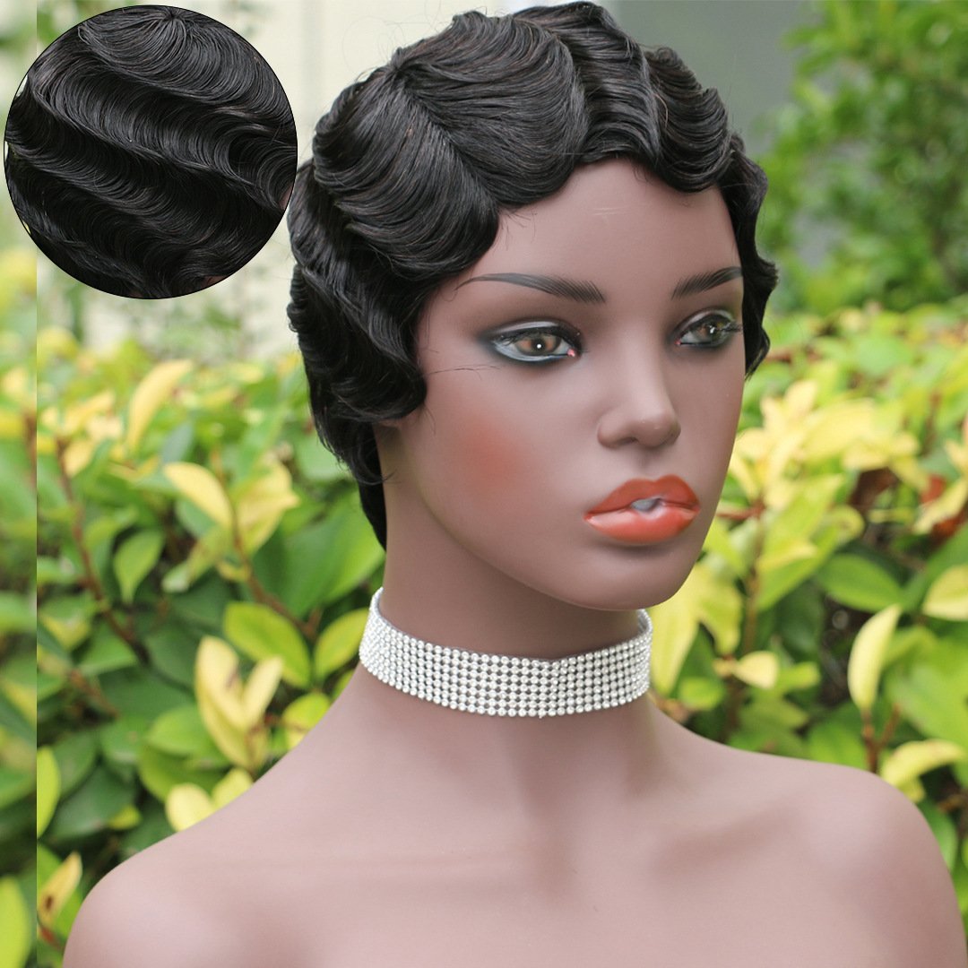 Wholesale Short Pixie Cut Wig For Black Women Brazilian Full Machine Made Short Finger Wave Wigs Virgin Human Hair Wigs