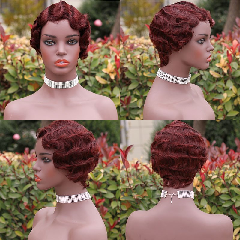 Wholesale Short Pixie Cut Wig For Black Women Brazilian Full Machine Made Short Finger Wave Wigs Virgin Human Hair Wigs