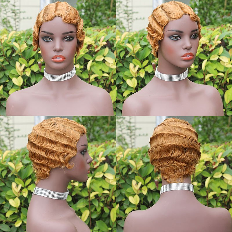Wholesale Short Pixie Cut Wig For Black Women Brazilian Full Machine Made Short Finger Wave Wigs Virgin Human Hair Wigs