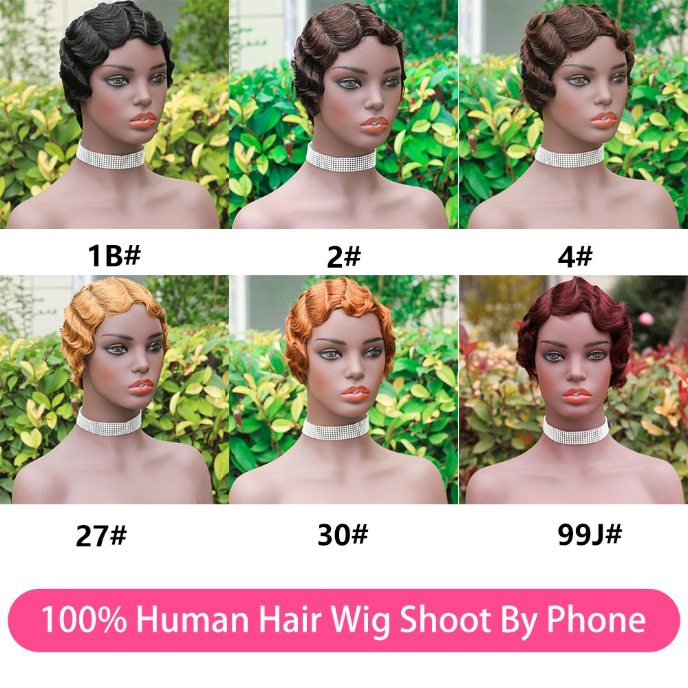 Wholesale Short Pixie Cut Wig For Black Women Brazilian Full Machine Made Short Finger Wave Wigs Virgin Human Hair Wigs