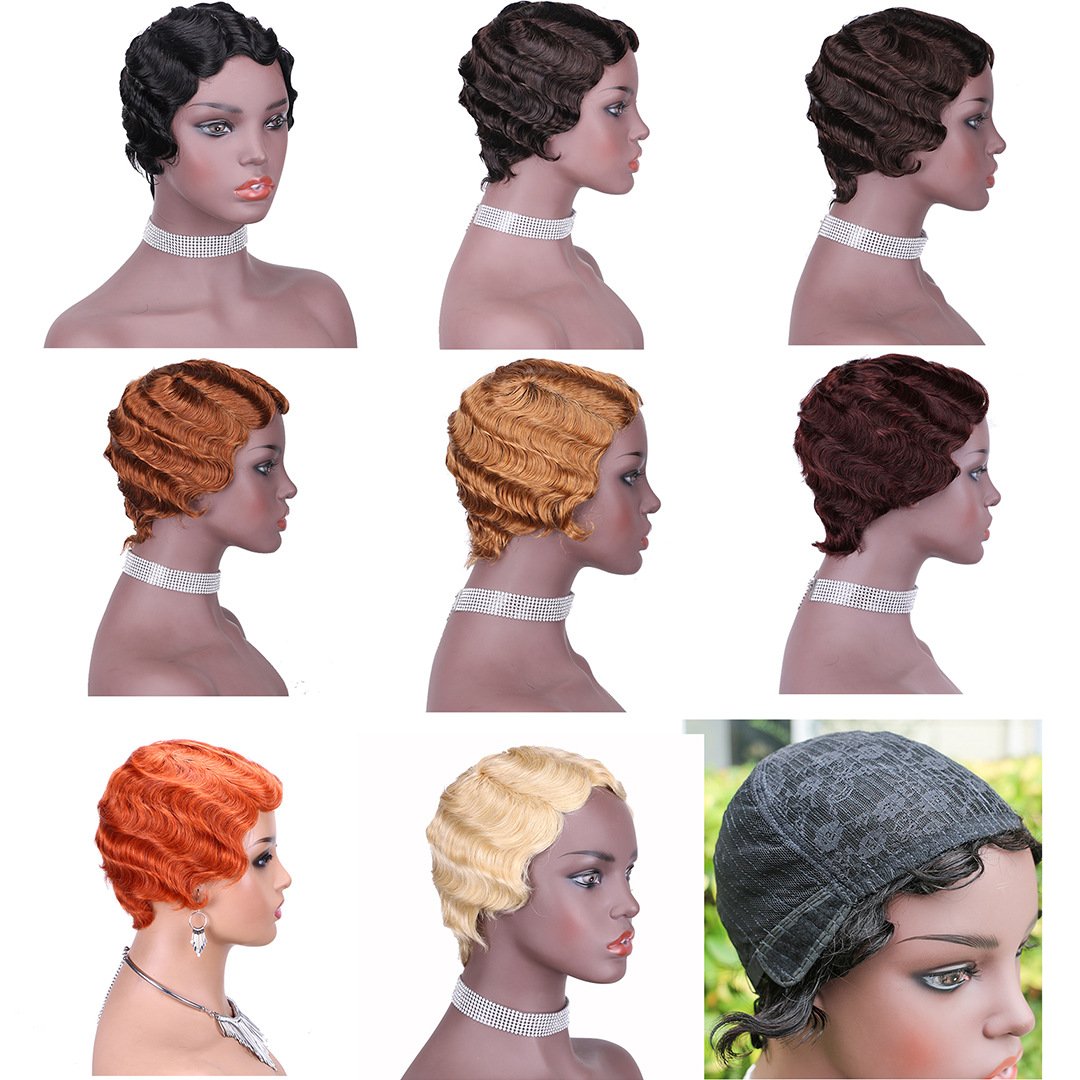 Wholesale Short Pixie Cut Wig For Black Women Brazilian Full Machine Made Short Finger Wave Wigs Virgin Human Hair Wigs