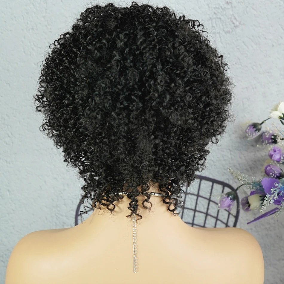 Cheap Afro Kinky Curly Wigs Short Full Machine Made Wig With Bangs Glueless Brazilian Remy Human Hair Wigs For Black Women Black